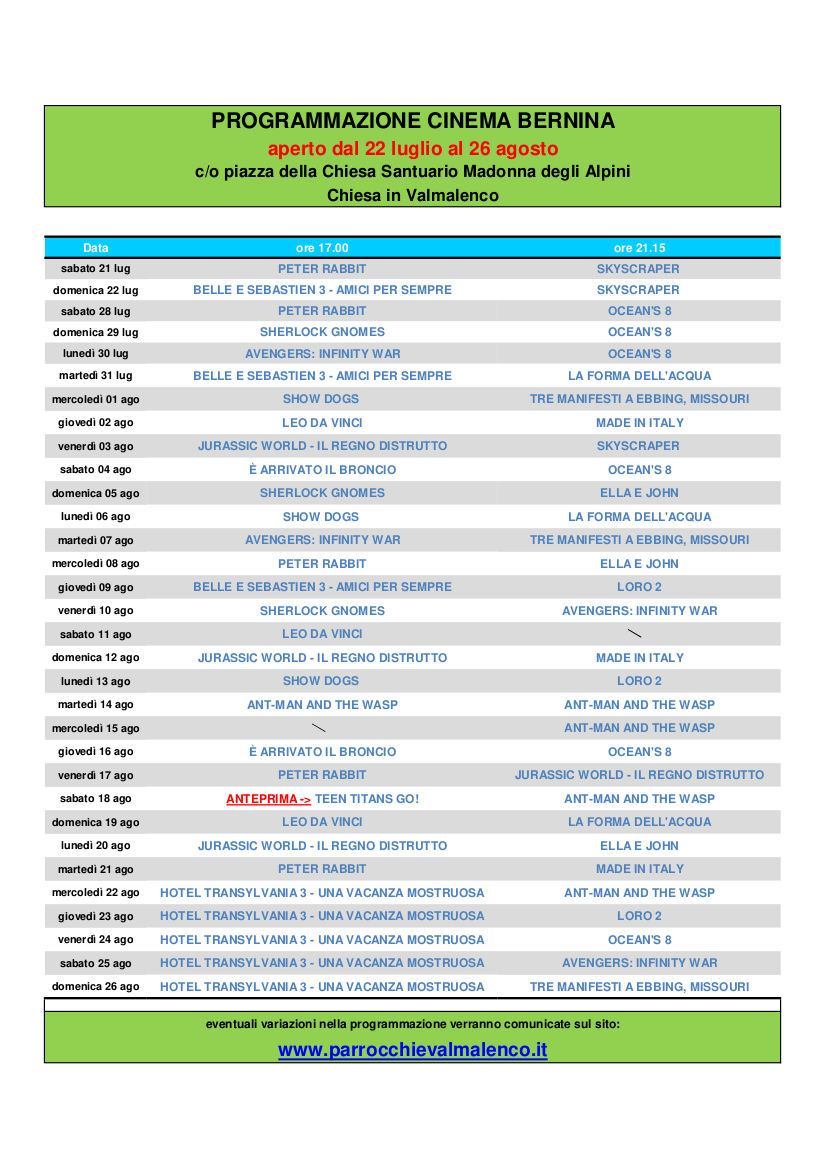 La programmazione estiva del cinema Bernina